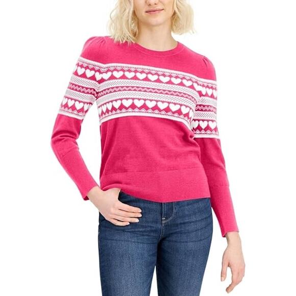 Tommy Hilfiger 80s Style Hot Pink Puff Sleeve Heart Sweater Long Sleeve - Small - Picture 1 of 11